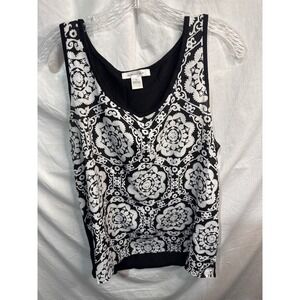 August Silk Black White Pattern Tank Top Women's XL Sleeveless V-Neck